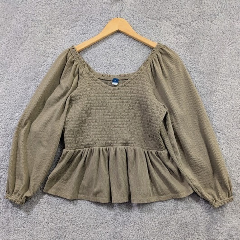 Old Navy Long Sleeve‎ Smocked Peplum Blouse Women's XL Green V-Neck Birch Leaf